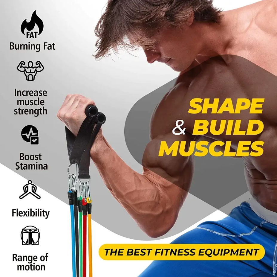 Portable Resistance Bands With Handles, Resistance Tubes & Workout Bands Exercise Band Elastic Pull Rope Body Fitness Band set Gym Yoga Fitness Elastic Training Bands Pilates CrossFit Fitness Equipment 11 Pcs Set